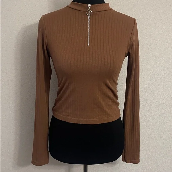 Womens Mock Neck Ribbed Crop Top Long Sleeve Quarter Zip Pullover Shirt - Picture 3 of 4